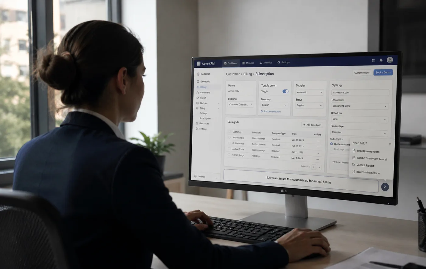 A user at their desk mid-task in a CRM, having typed “I just want to set this customer up for annual billing”